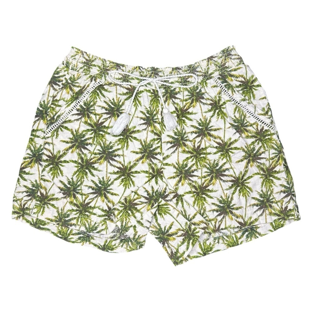 3/$15 BRIGGS Linen Blend Palm Tree Print Pull On Shorts, sz Large Green / White
